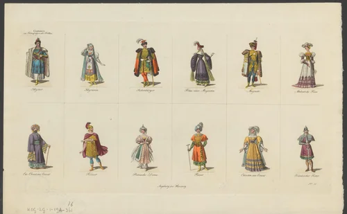 Kostuums van verschillende volken voor processies en festiviteiten by anonymous, print, 1801-1850