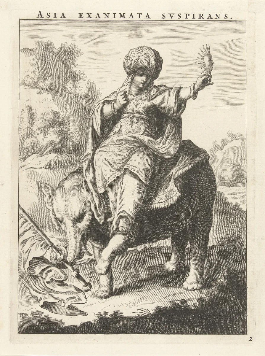 Vrouwelijke personificatie van Azië voorgesteld als vrouw met tulband zittend op olifant by Cornelis van Dalen, print, 1648-1664