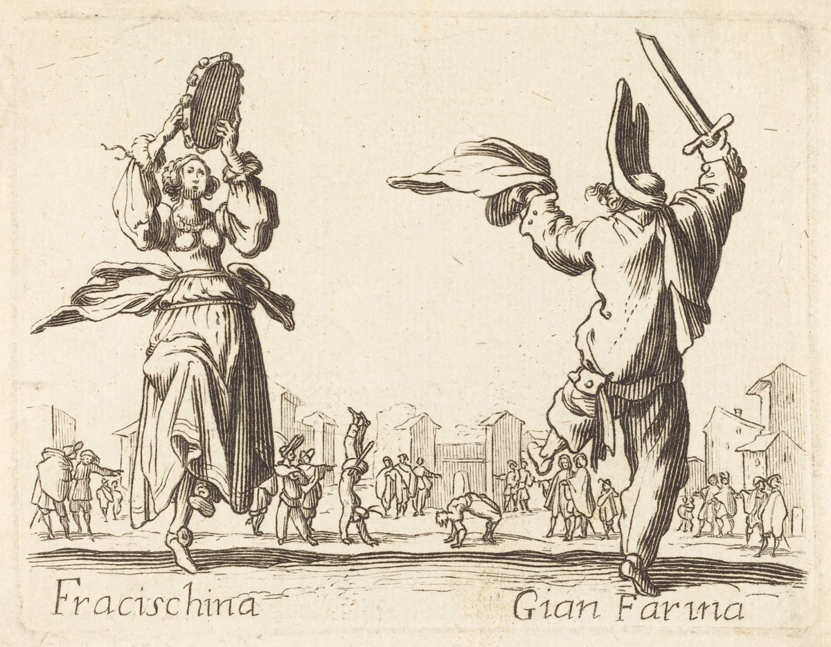 Fracischina and Gian Farina by Jacques Callot, print, 1600-1699