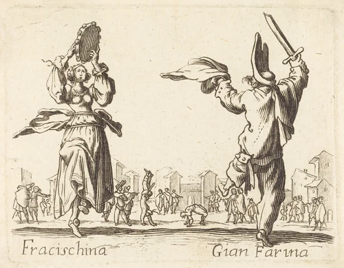 Fracischina and Gian Farina by Jacques Callot, print, 1600-1699