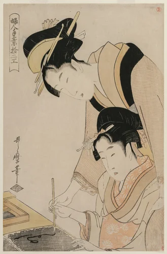 Mother Teaching her Daughter Calligraphy, from the series, Twelve Occupations of Women by Kitagawa Utamaro (喜多川歌麿), print, 1793-1803