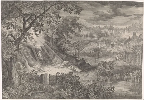 Landschap met Christus in de hof van Gethsemane by Unknown, print, 1580-1625