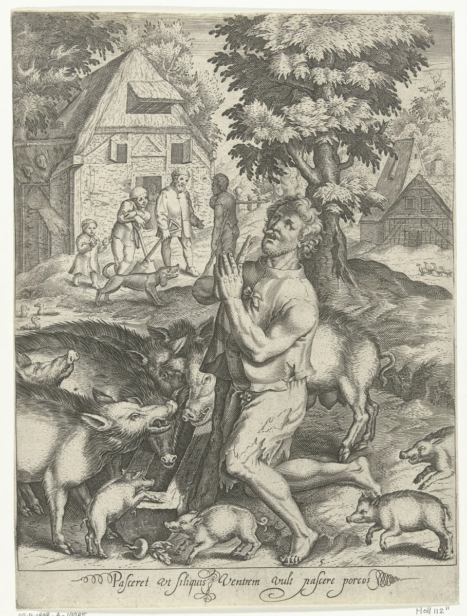 Verloren zoon als varkenshoeder by Nicolaes de Bruyn, print, 1581-1656