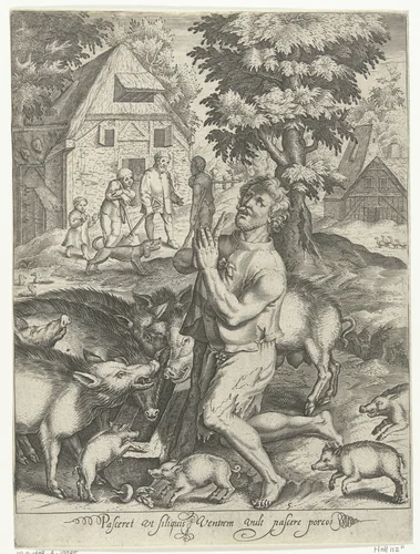 Verloren zoon als varkenshoeder by Nicolaes de Bruyn, print, 1581-1656