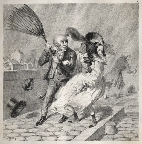 Bambochades: Vois-tu que mon baromêtre est au beau!...c'est un riche temps pour les biens de la terre!!! by Clémente Pruche, print, 1841