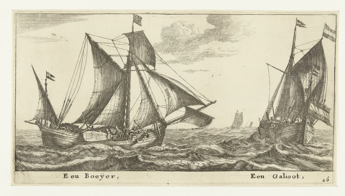 Twee schepen: een boeier en een galjoot by Reinier Nooms, print, 1652-1654