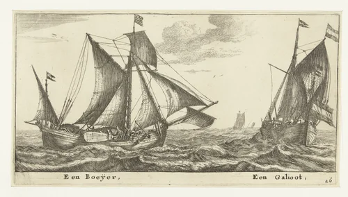 Twee schepen: een boeier en een galjoot by Reinier Nooms, print, 1652-1654