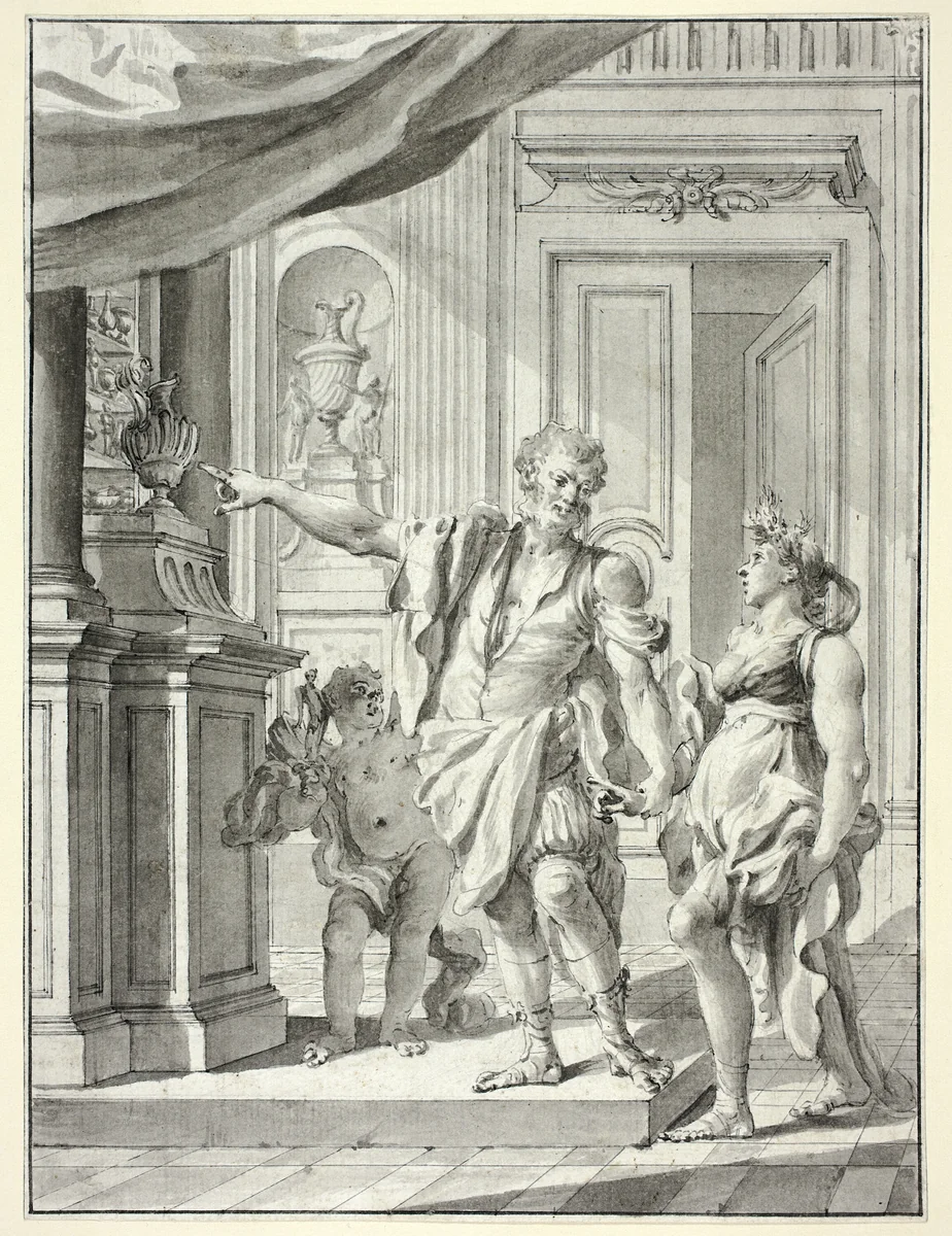 A Man Leading a Woman into a Gallery of Antiquities and Decorative Arts by Giacomo Cestaro, drawing, 1738-1778