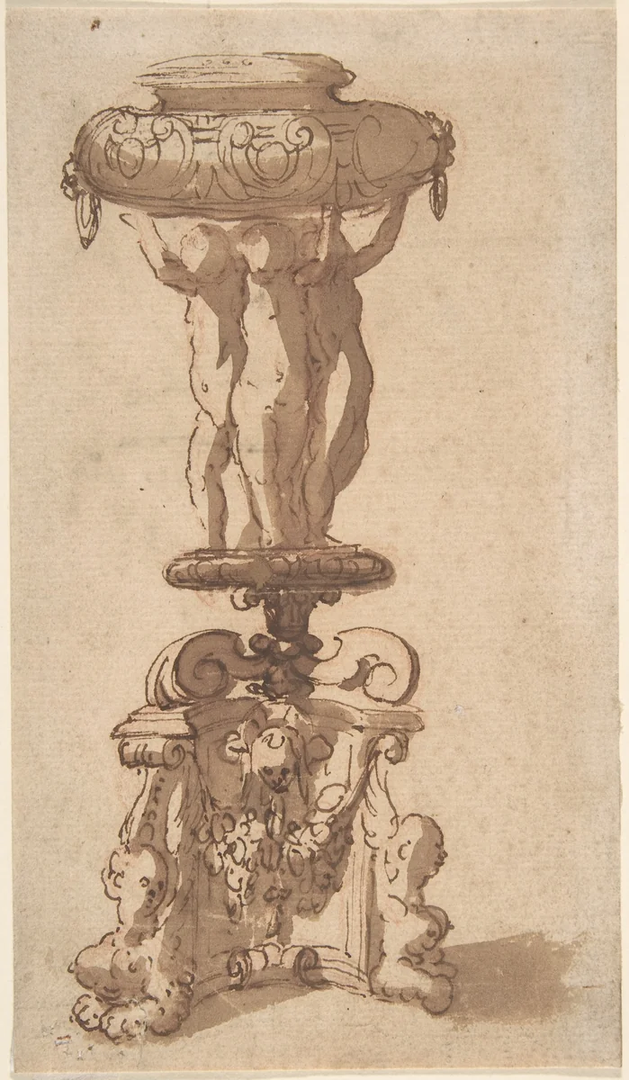 Design for an Urn, Supported by Three Children on a Piedestal with Sphinxes as Feet. by anonymous, drawing, 1600-1800