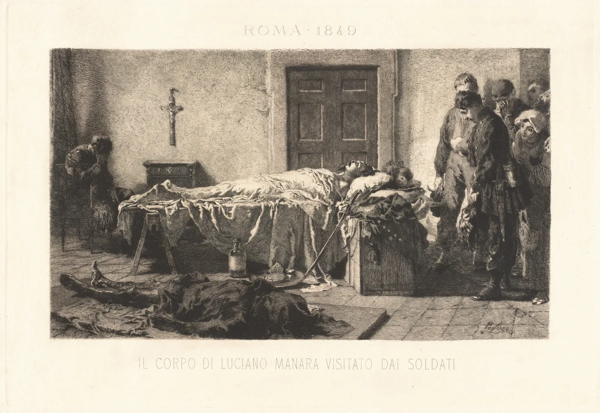 Il corpo di Luciano Manara visitato dai soldari (The Body of Luciano Manara Visited by Soldiers) by Eleuterio Pagliano, print, 1884