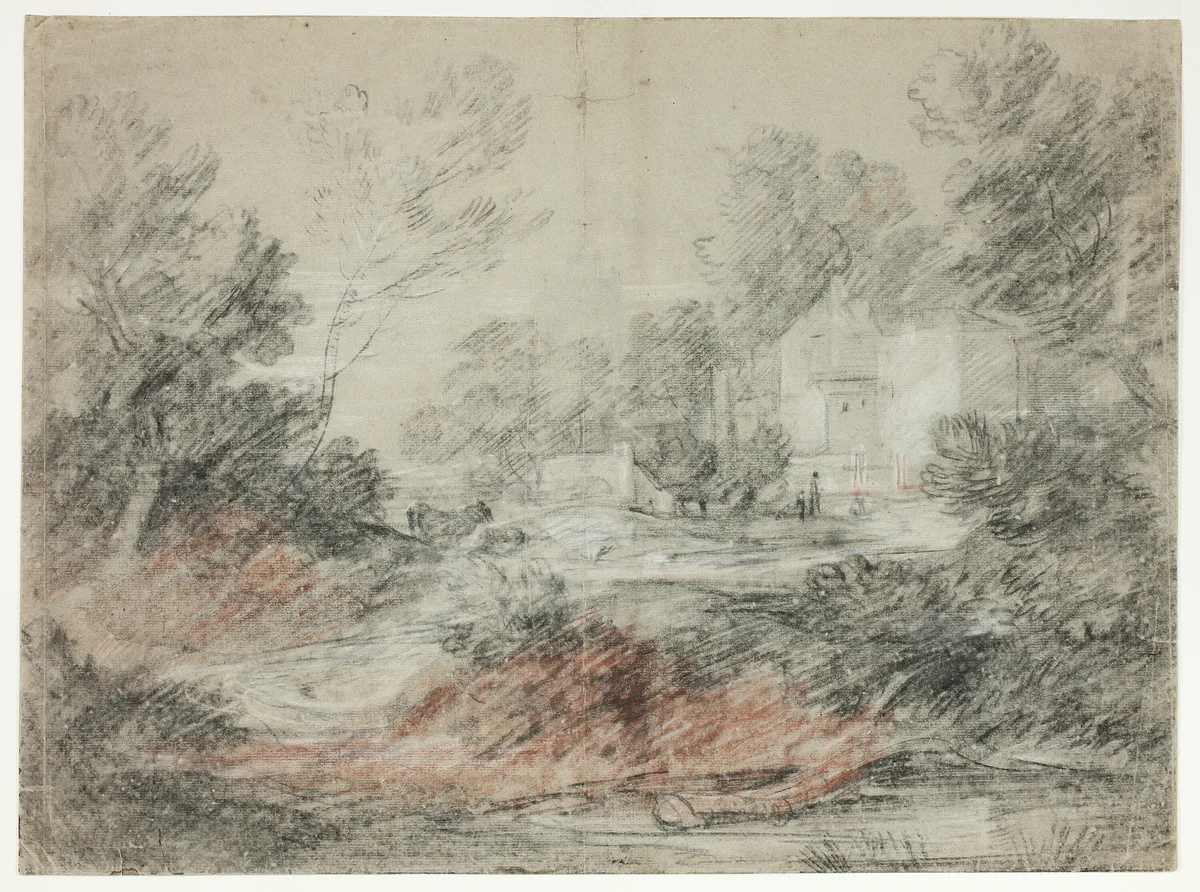 Landscape with Buildings by a Stream by Thomas Gainsborough, drawing, 1782-1786