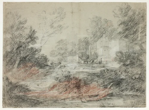 Landscape with Buildings by a Stream by Thomas Gainsborough, drawing, 1782-1786
