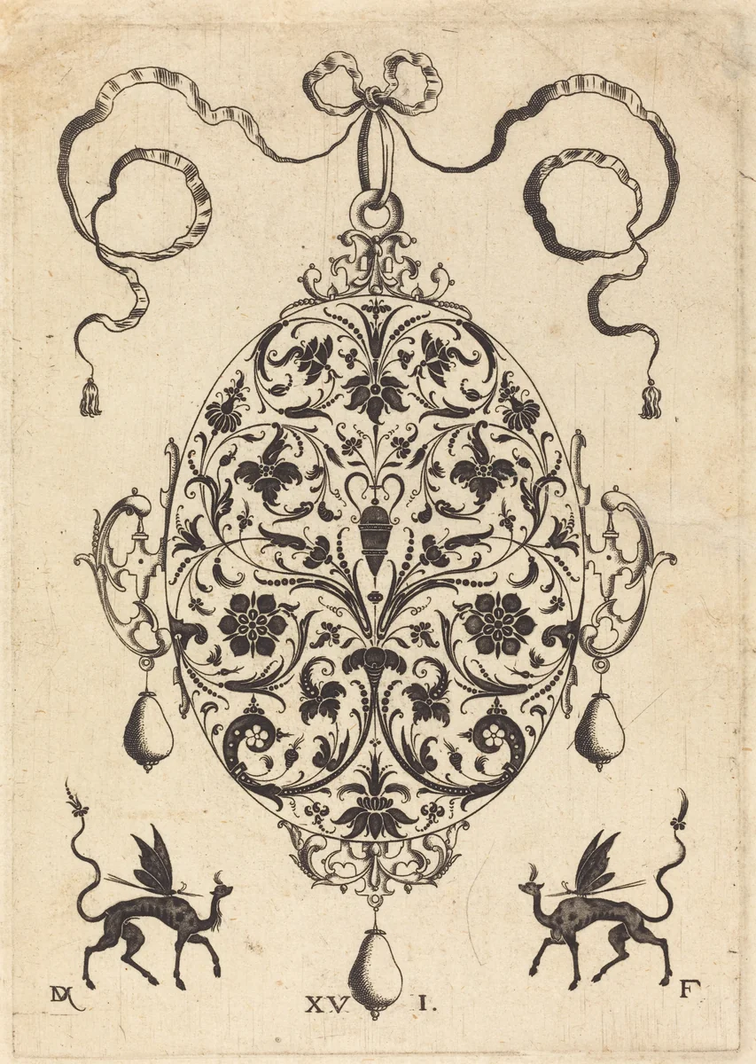 Large Pendant, Upright Oval with Floral Ornament by Daniel Mignot, print, 1596