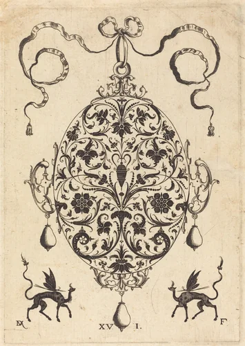 Large Pendant, Upright Oval with Floral Ornament by Daniel Mignot, print, 1596