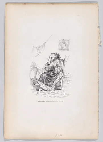 Here is one who mends by nicely biting, from "Scenes from the Private and Public Life of Animals" by J. J. Grandville, print, 1832-1852