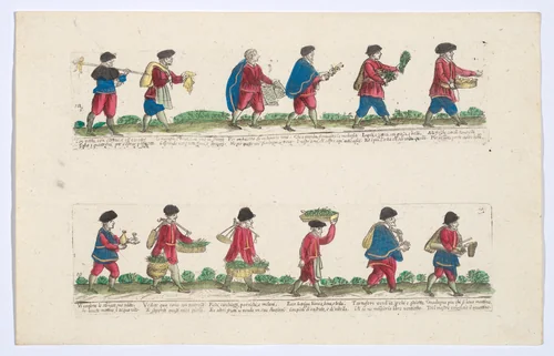 Plate 10 depicting the trades of Rome, here including vendors of medicine of an upset stomach, artichokes, tripe etc, from the 'Descrición de las artes que se llaman para los calles de la ciudad de Roma' by Remondini, print, 1765-1805