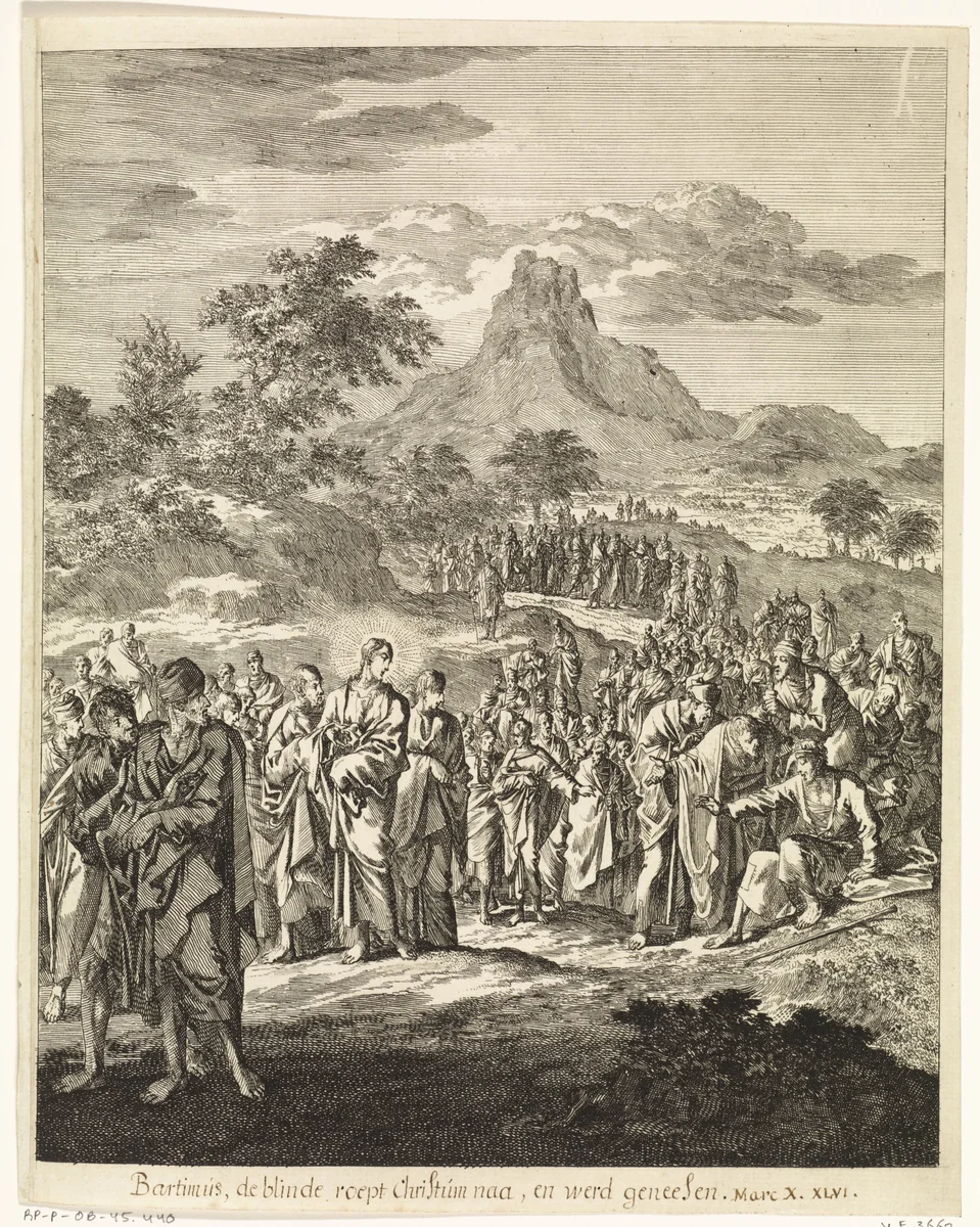 Christus geneest de blinde Bartimeus by Jan Luyken, print, 1708