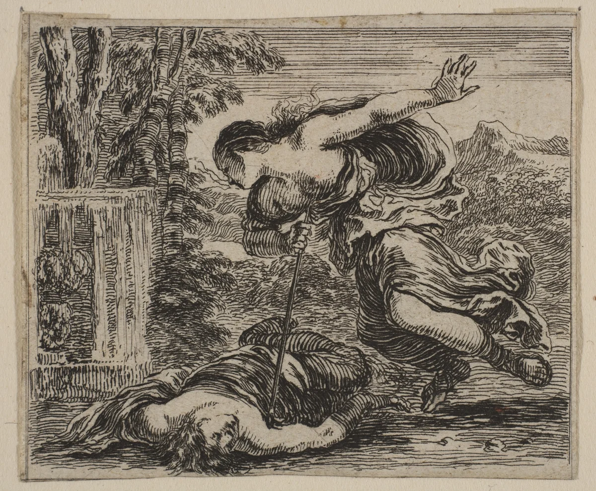 Pyramus et Thisbe, from 'Game of Mythology' (Jeu de la Mythologie) by Stefano della Bella, print, 1644