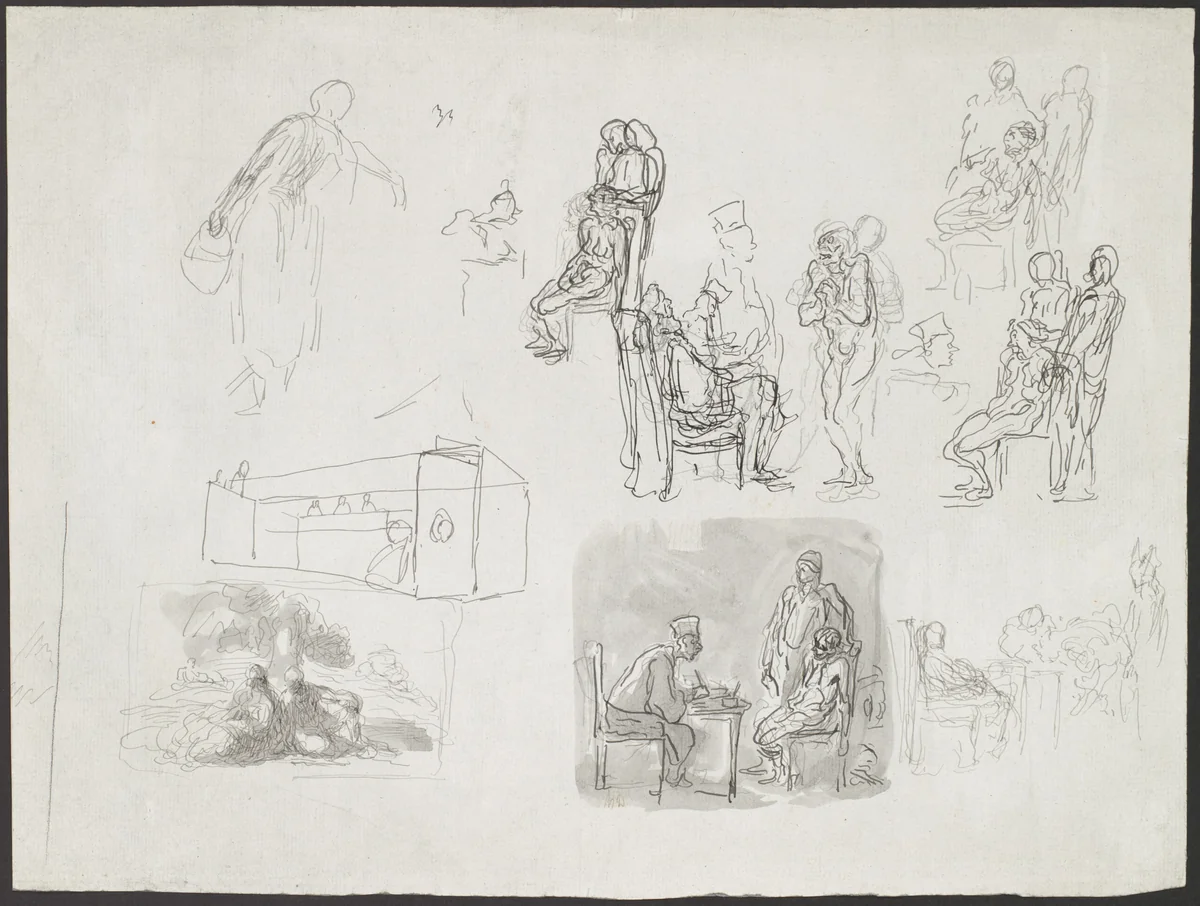 Figure Studies, Including Scenes of Interrogation by Honoré Daumier, drawing, 1855-1865