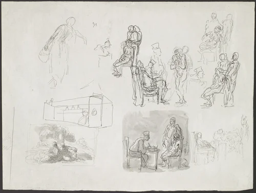 Figure Studies, Including Scenes of Interrogation by Honoré Daumier, drawing, 1855-1865