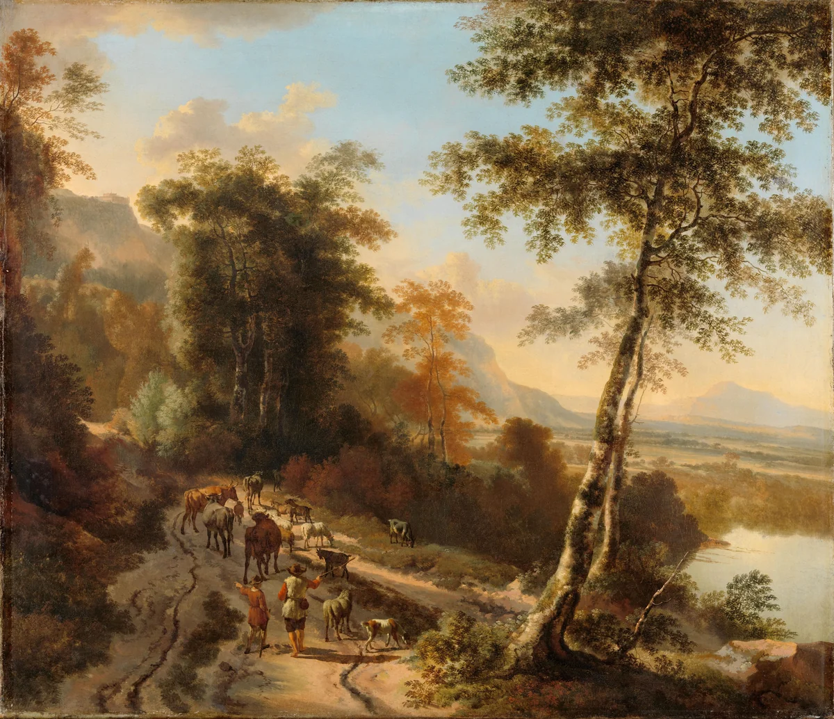 Landscape with Cattle Drivers by Jan Hackaert, painting, 1660-1685