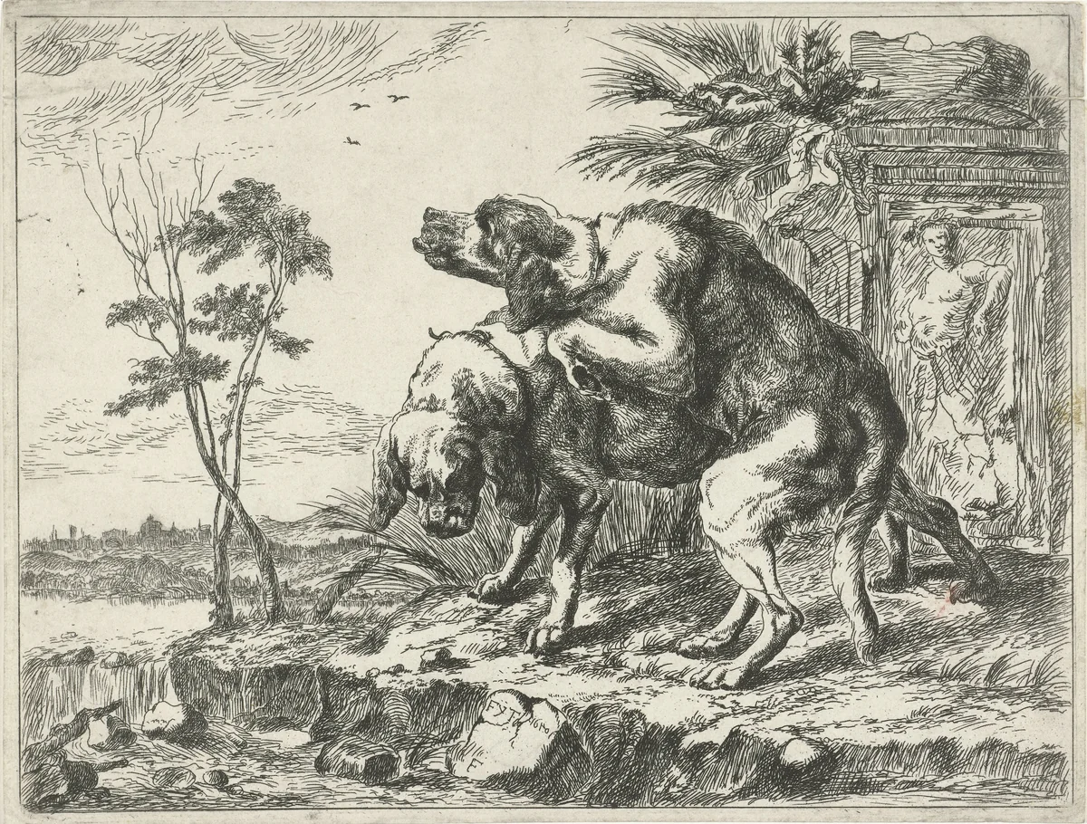 Twee parende honden by anonymous, print, 1642-1711