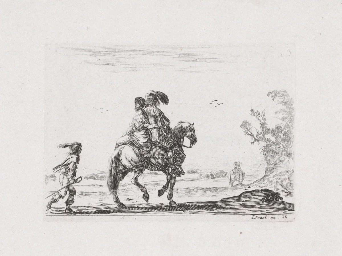 Ruiter met een vrouw achterop by Stefano della Bella, print, 1642