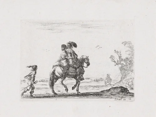 Ruiter met een vrouw achterop by Stefano della Bella, print, 1642