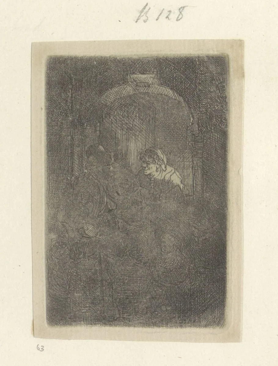 Vrouw in een deuropening, pratend met een man met kinderen by Rembrandt van Rijn, book, 1641