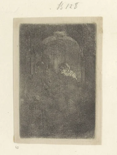 Vrouw in een deuropening, pratend met een man met kinderen by Rembrandt van Rijn, book, 1641