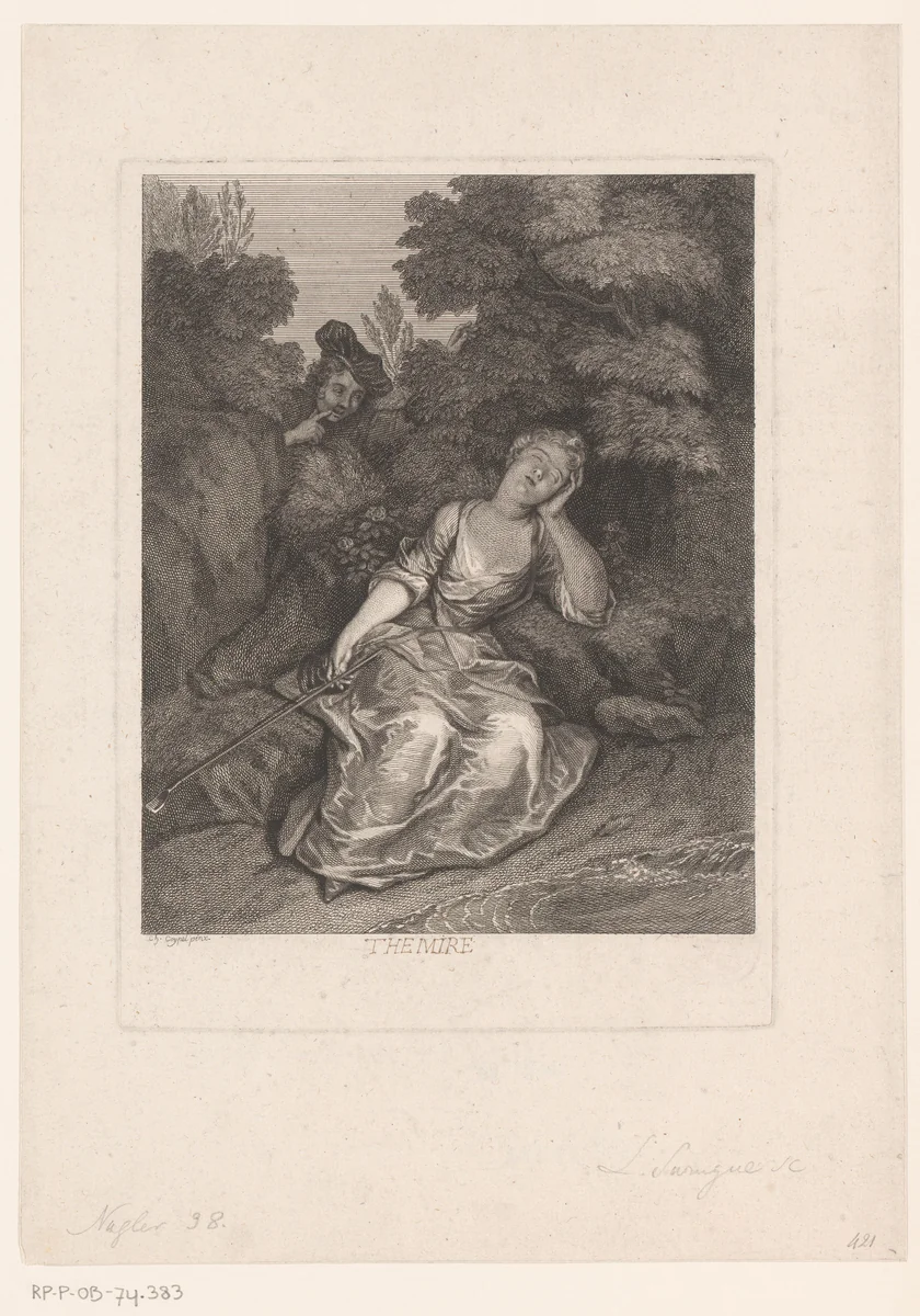 Slapende herderin bespied door een man by Louis Surugue, print, 1691-1767