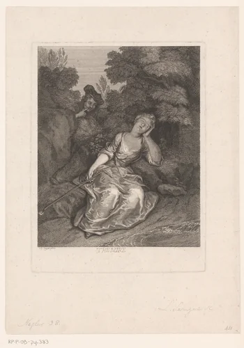 Slapende herderin bespied door een man by Louis Surugue, print, 1691-1767