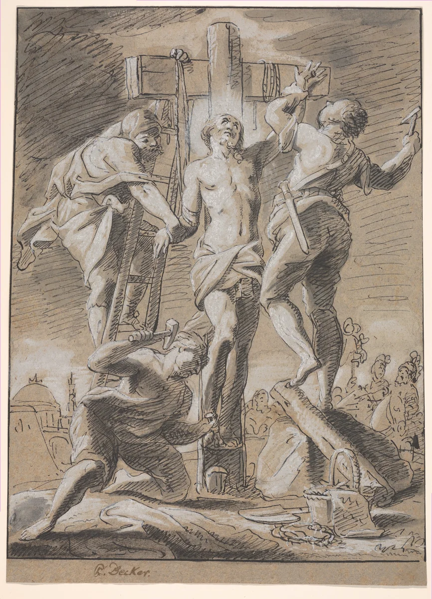 Christ Nailed on the Cross by Paul Decker, drawing, 1705-1742