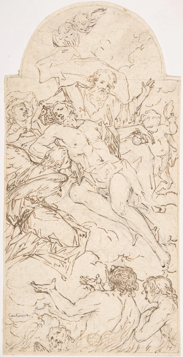 Death of Christ Redeeming Souls from Purgatory by anonymous, drawing, 1600-1700
