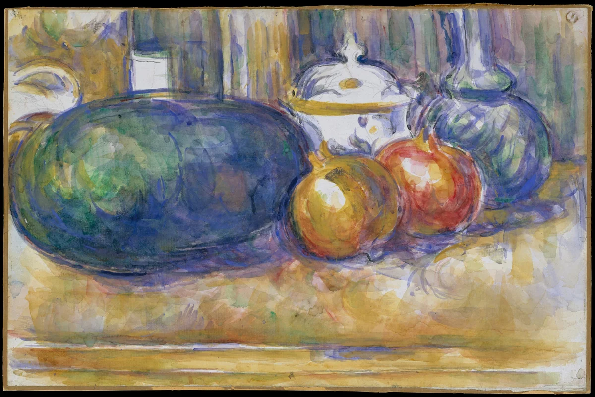 Still-Life with a Watermelon and Pomegranates by Paul Cézanne, drawing, 1900-1906