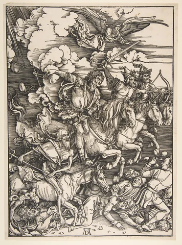 Four Horsemen of the Apocalypse, from "The Apocalypse" by Albrecht Dürer, print, 1492-1502