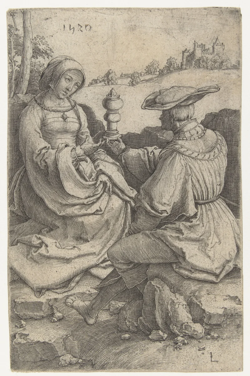 Heer en dame gezeten in een landschap by Unknown, print, 1520