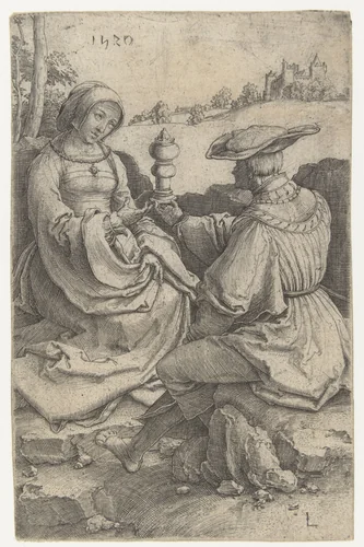 Heer en dame gezeten in een landschap by Unknown, print, 1520