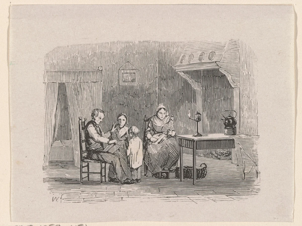 Interieur met een vader zijn gezin voorlezend by Isaac Weissenbruch, print, 1838-1912