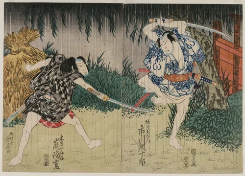 Arashi Rikan II as Kizu Kansuke; Ichikawa Ebijuro II as Horiguchi Manzaemon by Shigenao, print, 1829