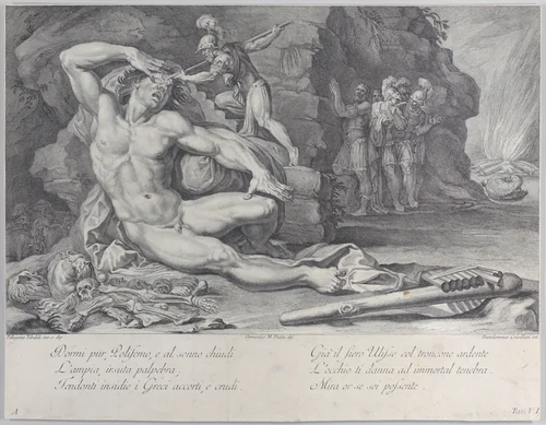 Plate 6: Ulysses driving a burning stake into Polyphemus' eye by Bartolomeo Crivellari, print, 1756