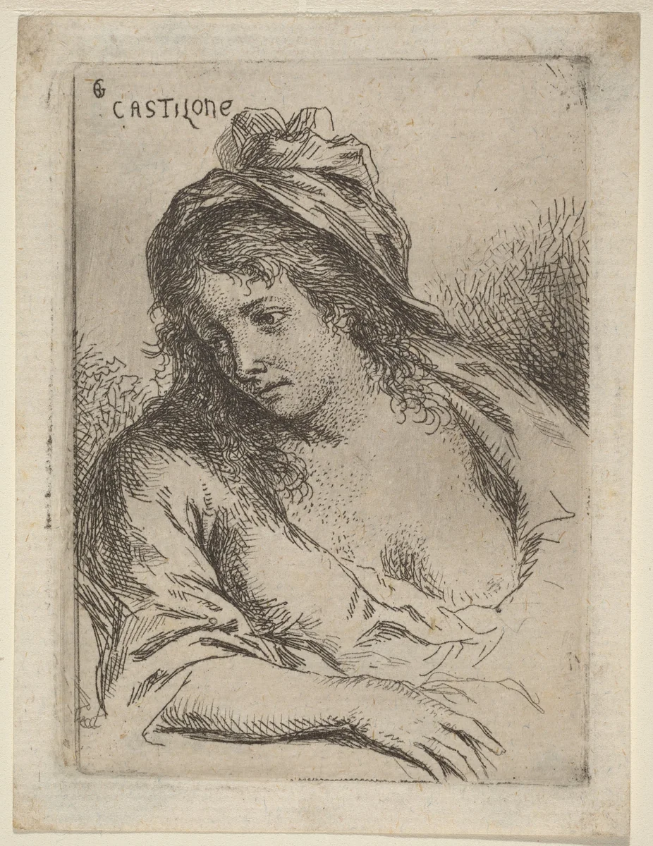 Half-Length Figure of a Woman Looking Sideward by Bartholomäus Ignaz Weiss; Giovanni Benedetto Castiglione, print, 1740-1814