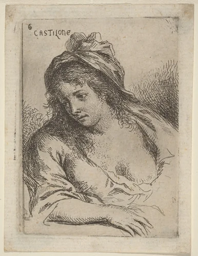 Half-Length Figure of a Woman Looking Sideward by Bartholomäus Ignaz Weiss; Giovanni Benedetto Castiglione, print, 1740-1814