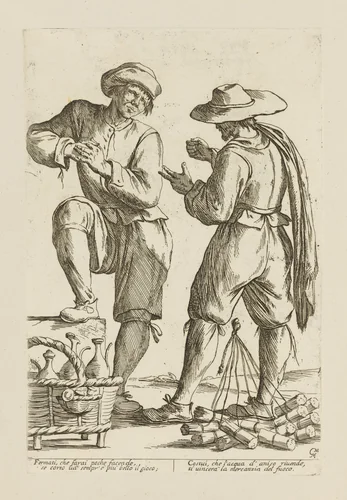 Vendor of Anisette and a Vendor of Matches Playing Morra, from Di Bologna l'Arti per via D'An.ibal' Ca.rac, plate 38 by Giuseppe Maria Mitelli, print, 1660