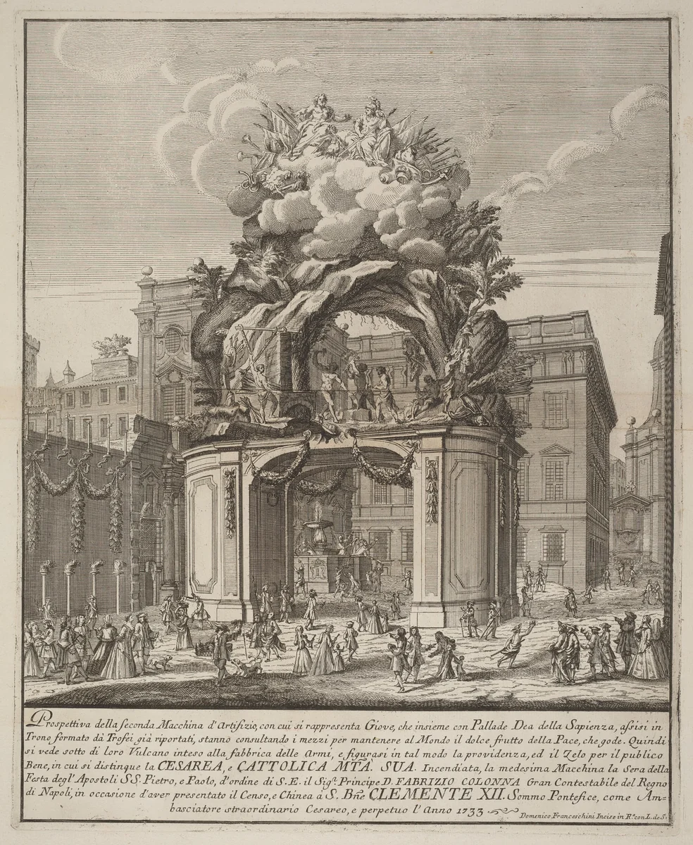 The Seconda Macchina for the Chinea of 1733: Jupiter and Minerva and the Forge of Vulcan by Domenico Franceschini; Nicola Michetti, print, 1733