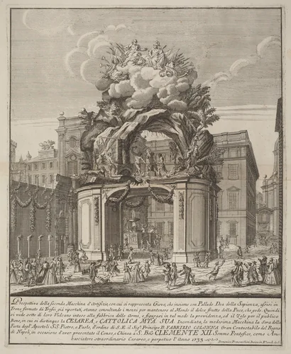 The Seconda Macchina for the Chinea of 1733: Jupiter and Minerva and the Forge of Vulcan by Domenico Franceschini; Nicola Michetti, print, 1733