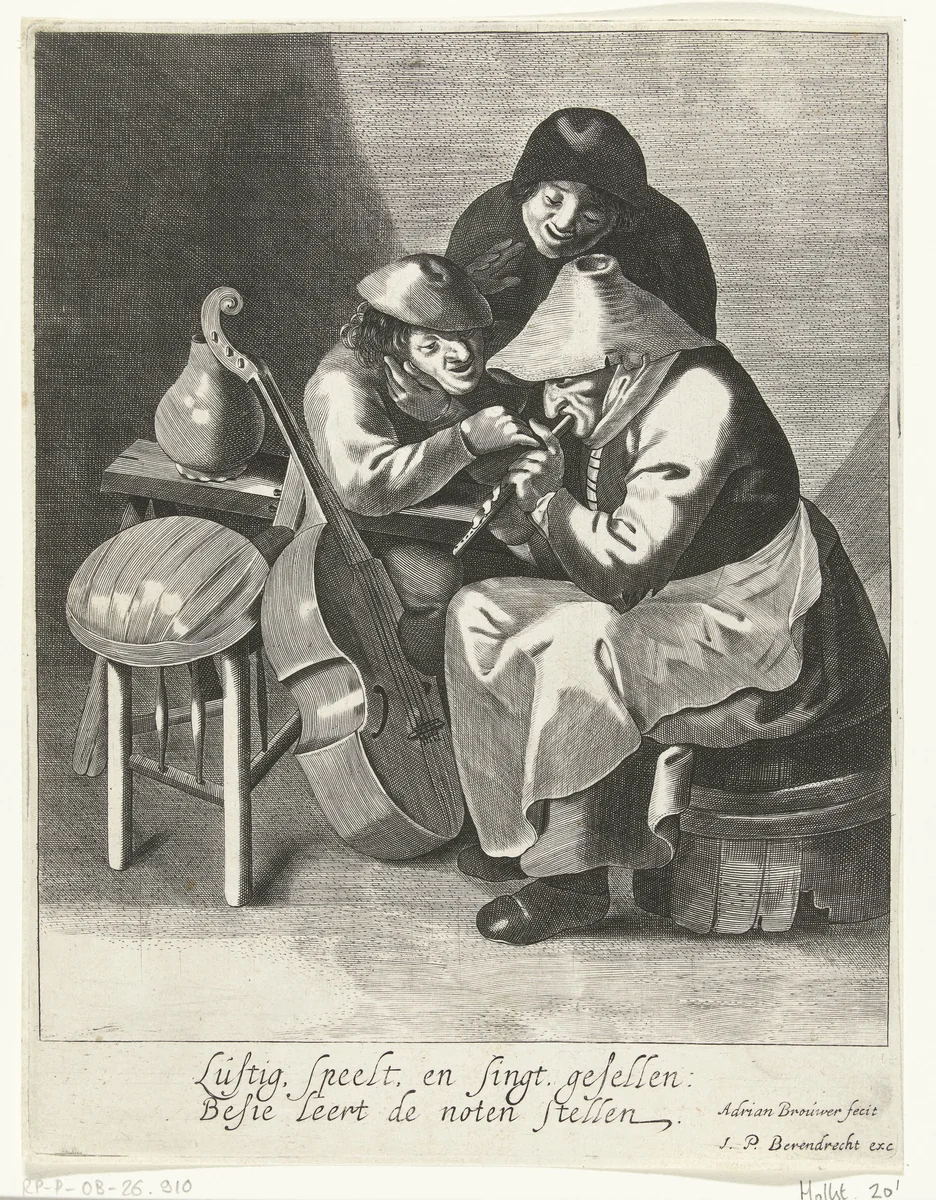 Interieur van een boerderij met twee boeren en een boerin die fluit speelt by anonymous, print, 1625-1645