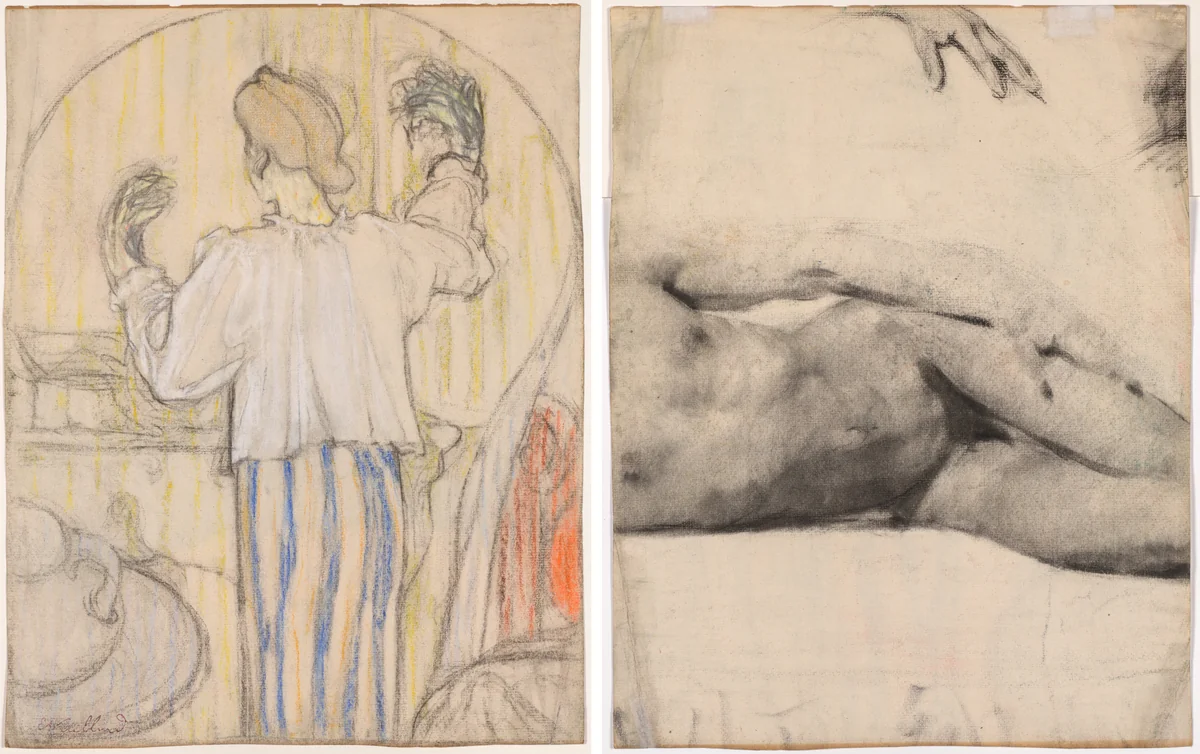 In Front of the Mirror (recto); Reclining Male Nude (verso) by Edouard Vuillard, drawing, 1886-1894