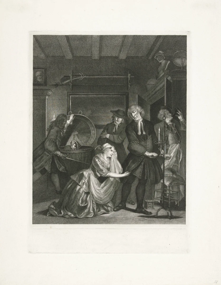 Ontdekking van een minnaar by Jacob Houbraken, print, 1754-1764