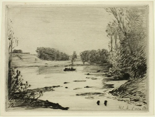 River Scene with Rowers by Henri-Emile Lessore, print, 1878